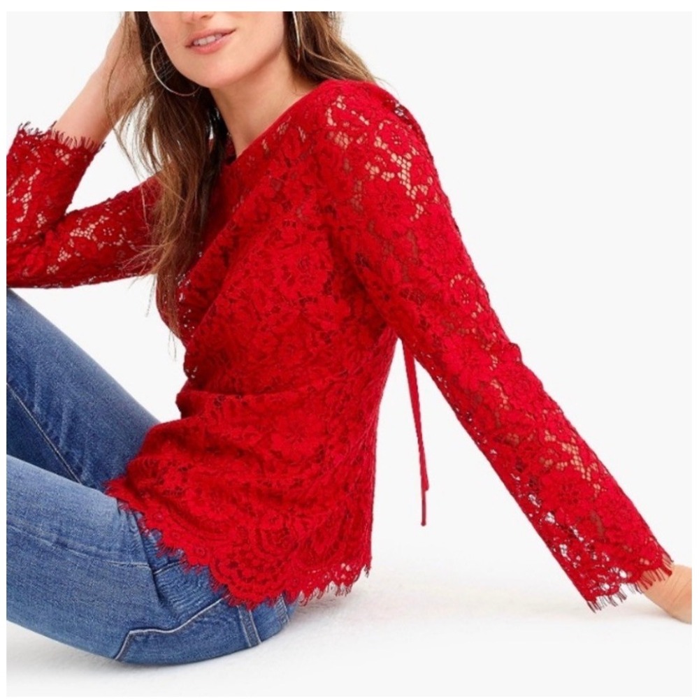J.Crew Red Floral Lace Long Sleeve Tie Back Keyhole Top Size 0 - Picture 2 of 9